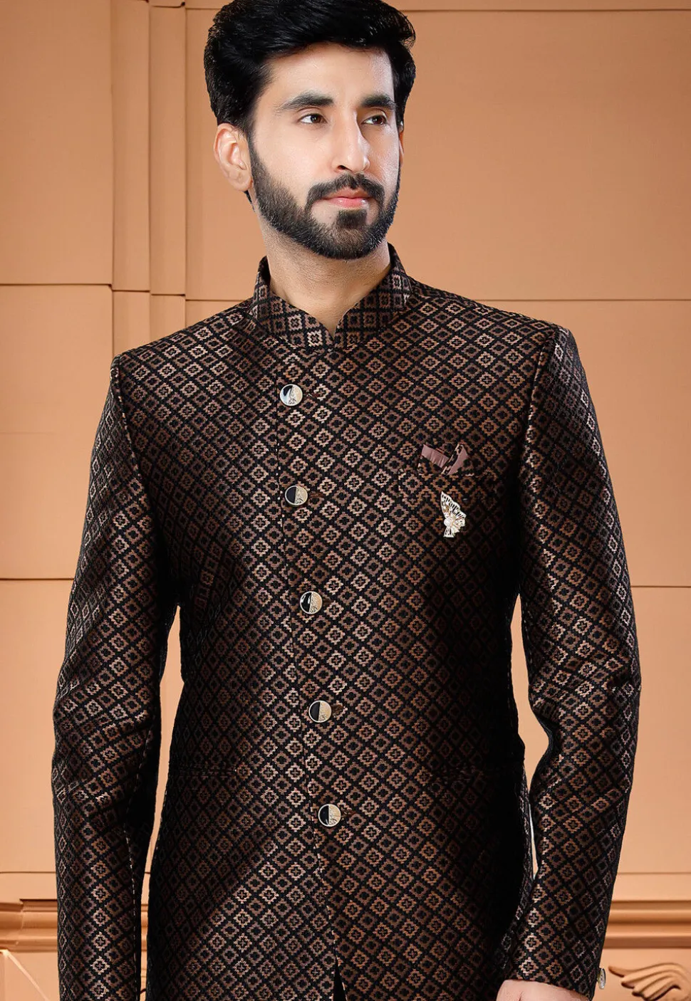 Woven Art Silk Jacquard Jodhpuri Suit in Brown and Black