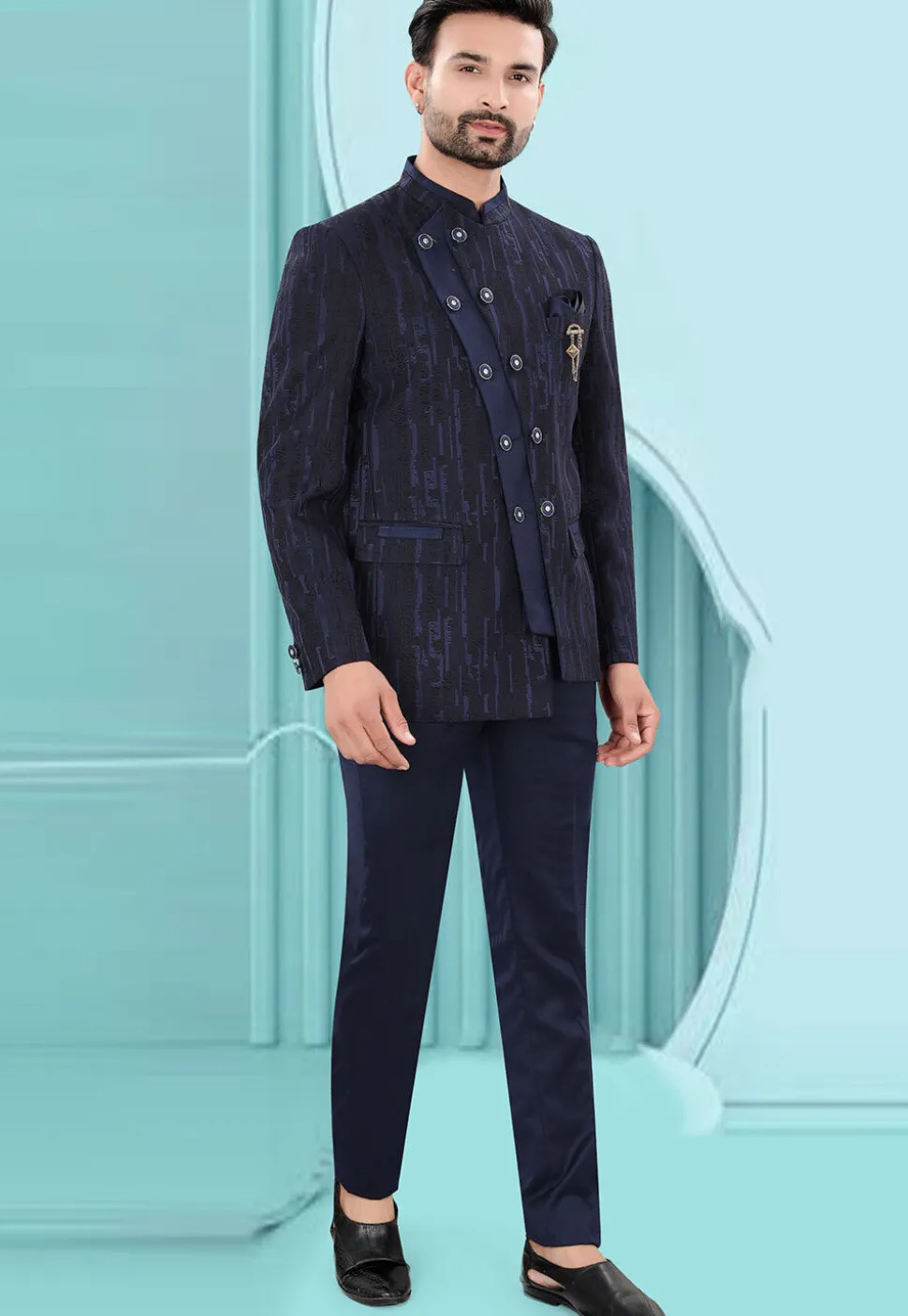 Woven Art Silk Jacquard Jodhpuri Suit in Navy Blue