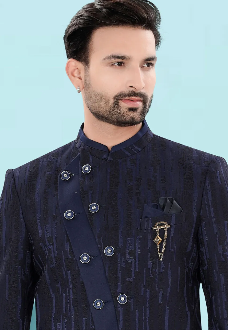 Woven Art Silk Jacquard Jodhpuri Suit in Navy Blue