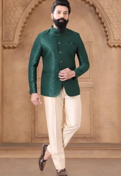 Woven Art Silk Jacquard Jodhpuri Suit in Teal Green