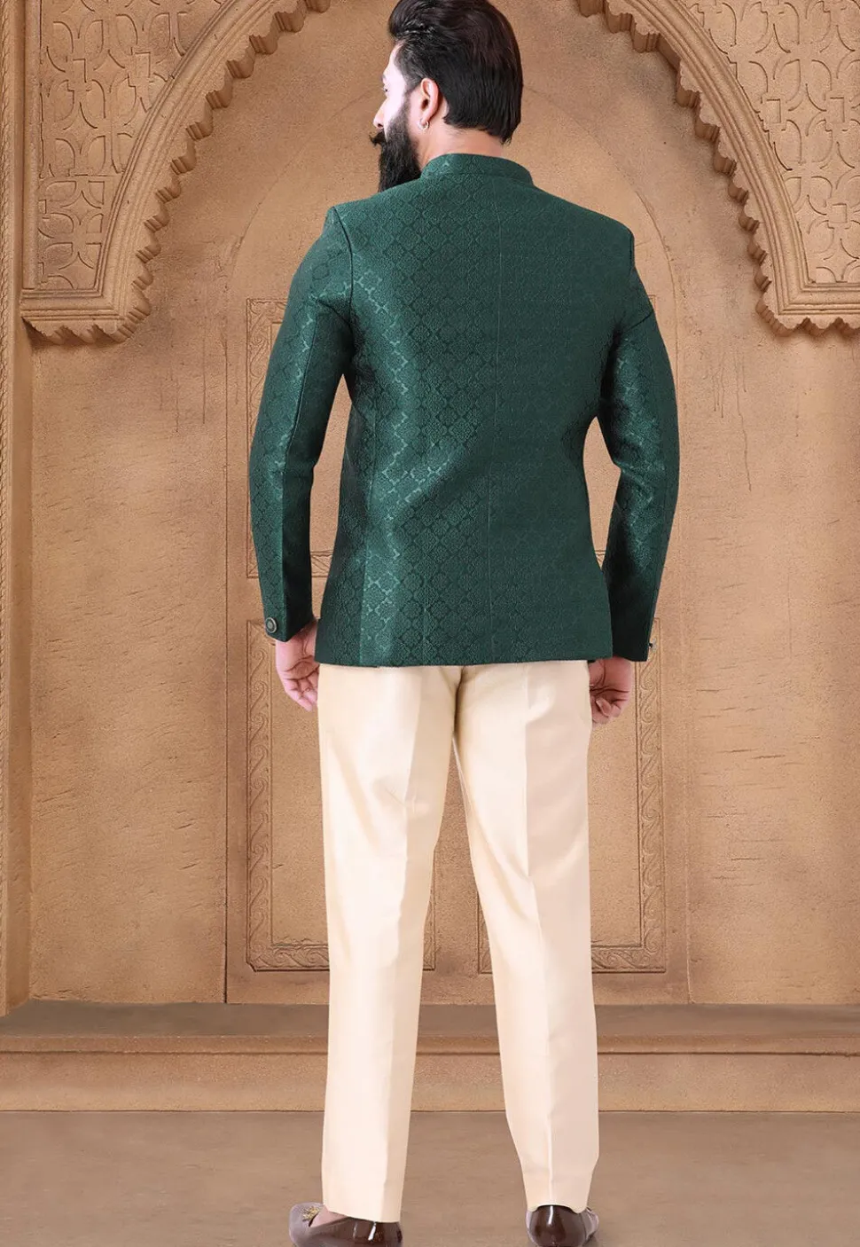 Woven Art Silk Jacquard Jodhpuri Suit in Teal Green