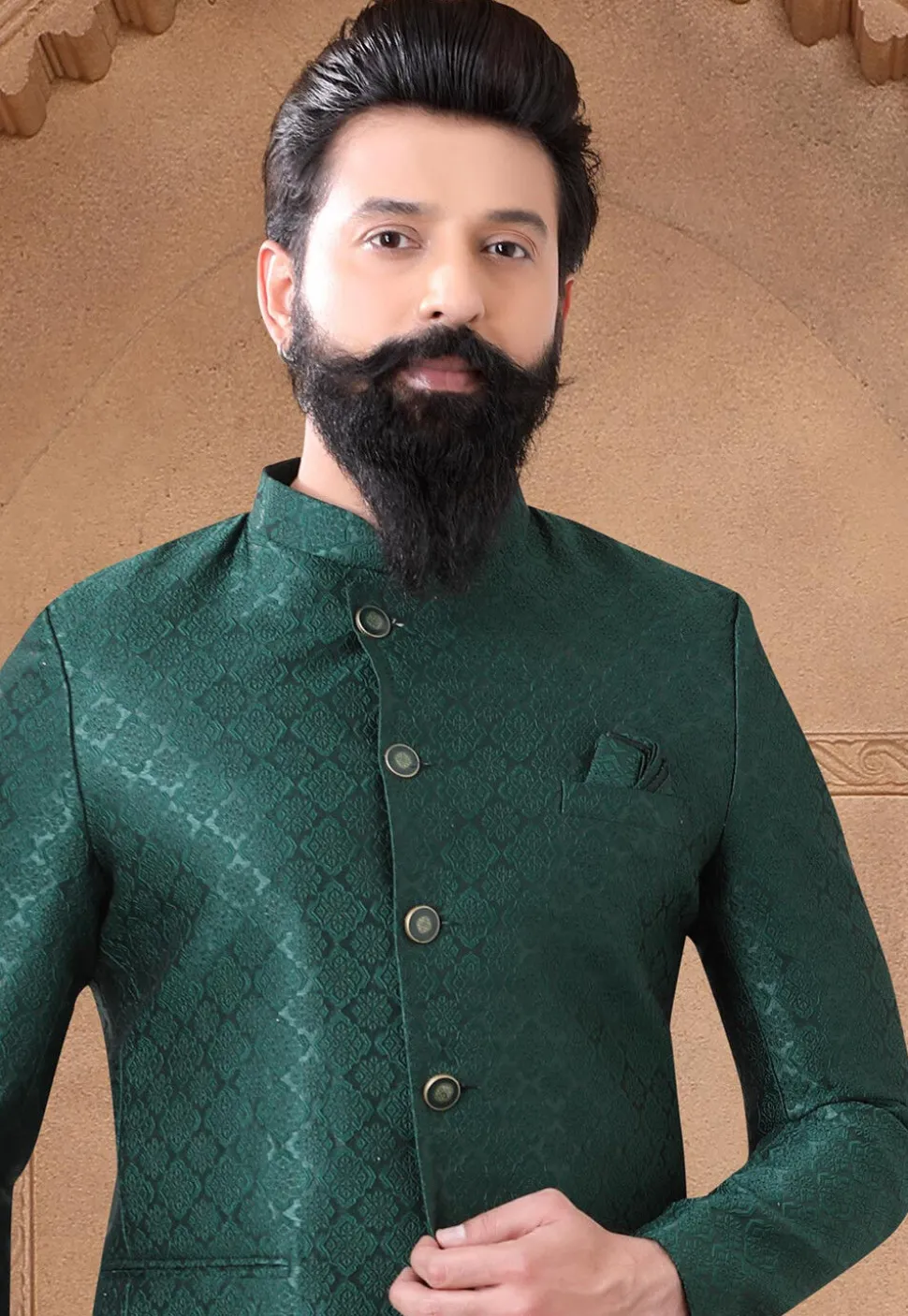 Woven Art Silk Jacquard Jodhpuri Suit in Teal Green