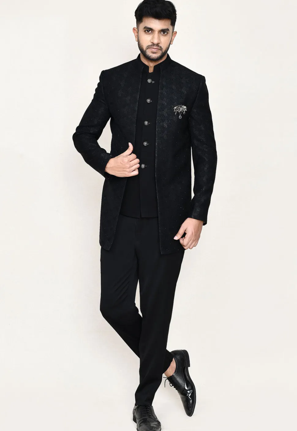 Woven Art Silk Jacquard Jodhpuri Suit in Black