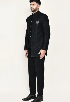 Woven Art Silk Jacquard Jodhpuri Suit in Black