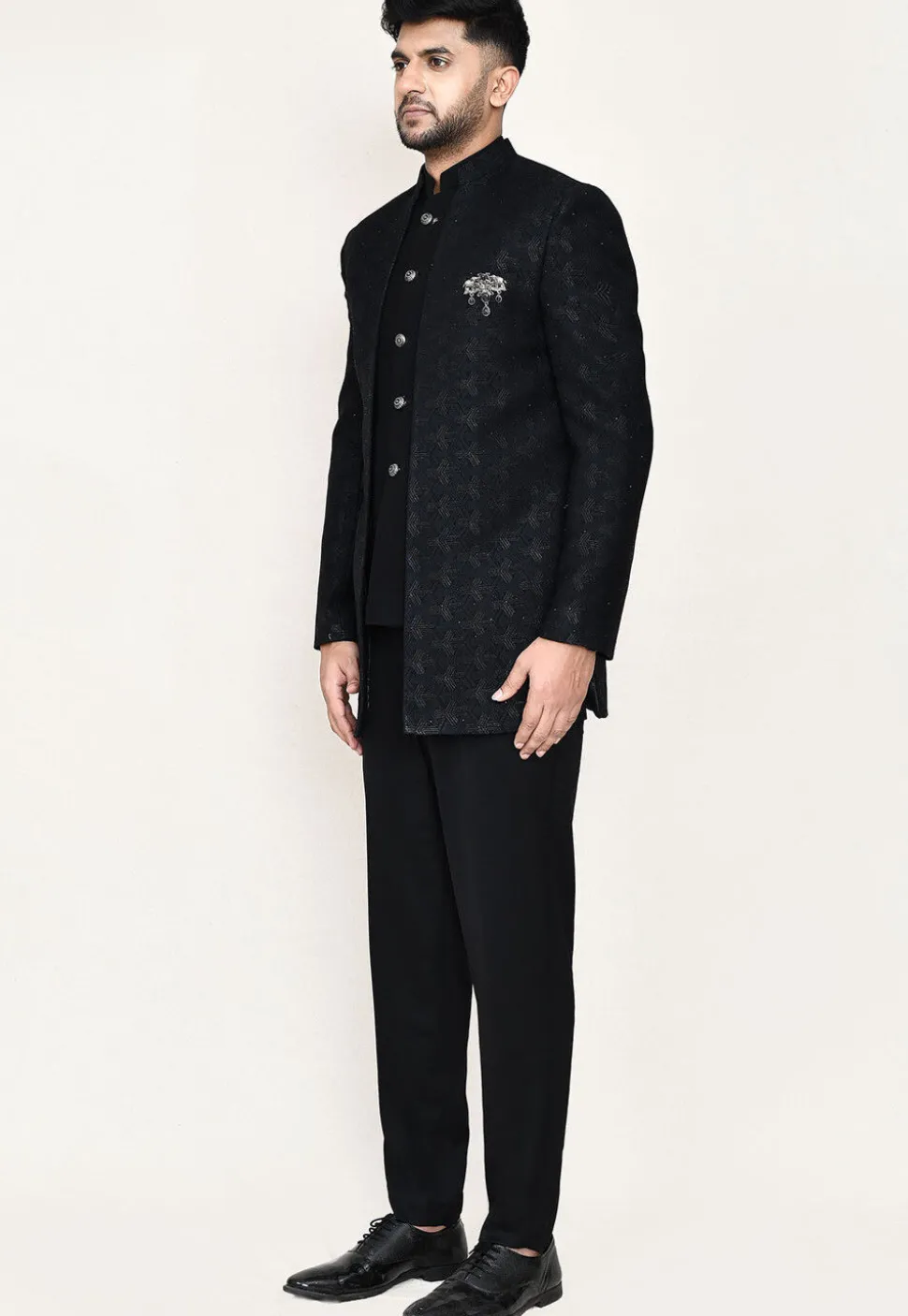 Woven Art Silk Jacquard Jodhpuri Suit in Black