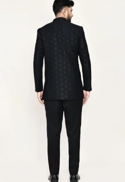 Woven Art Silk Jacquard Jodhpuri Suit in Black