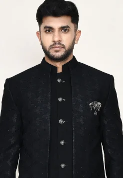Woven Art Silk Jacquard Jodhpuri Suit in Black