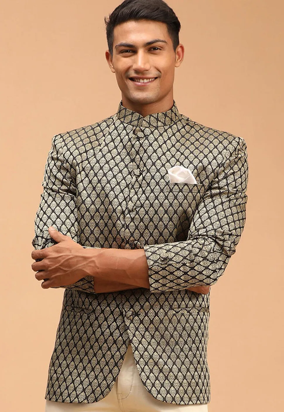 Woven Art Silk Jacquard Jodhpuri Jacket in Black