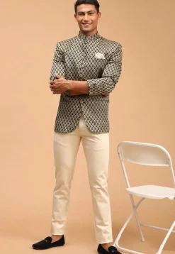 Woven Art Silk Jacquard Jodhpuri Jacket in Black