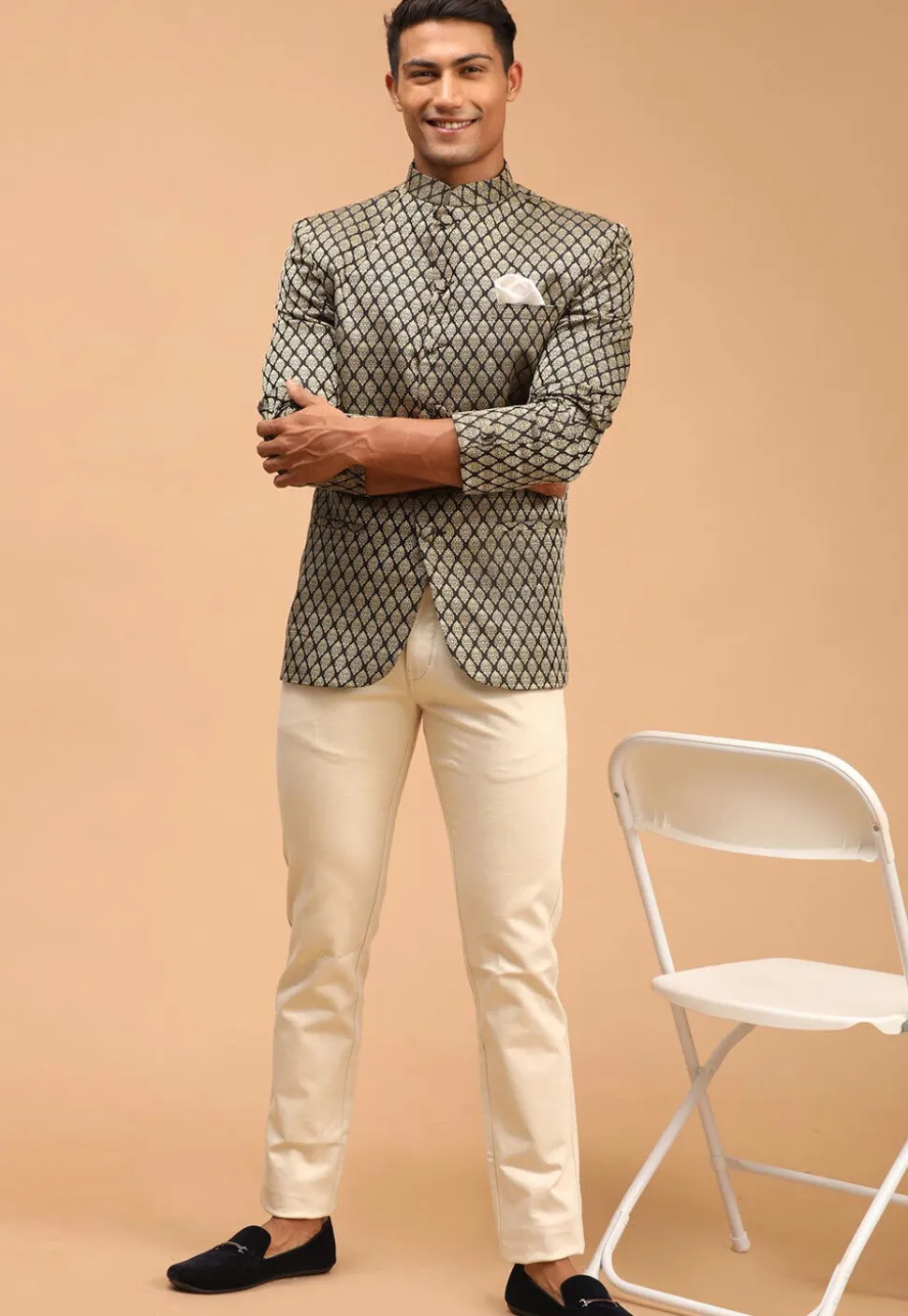 Woven Art Silk Jacquard Jodhpuri Jacket in Black