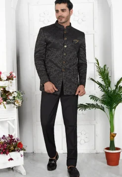 Woven Art Silk Jacquard Jodhpuri Jacket in Black