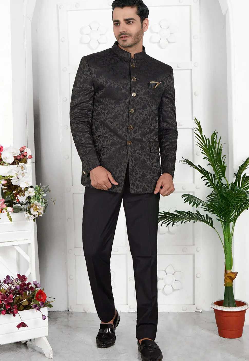 Woven Art Silk Jacquard Jodhpuri Jacket in Black