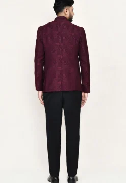 Woven Art Silk Jacquard Jodhpuri Suit in Maroon