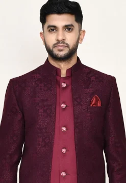 Woven Art Silk Jacquard Jodhpuri Suit in Maroon