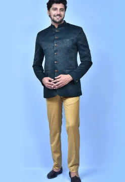 Woven Art Silk Jacquard Jodhpuri Suit in Navy Blue