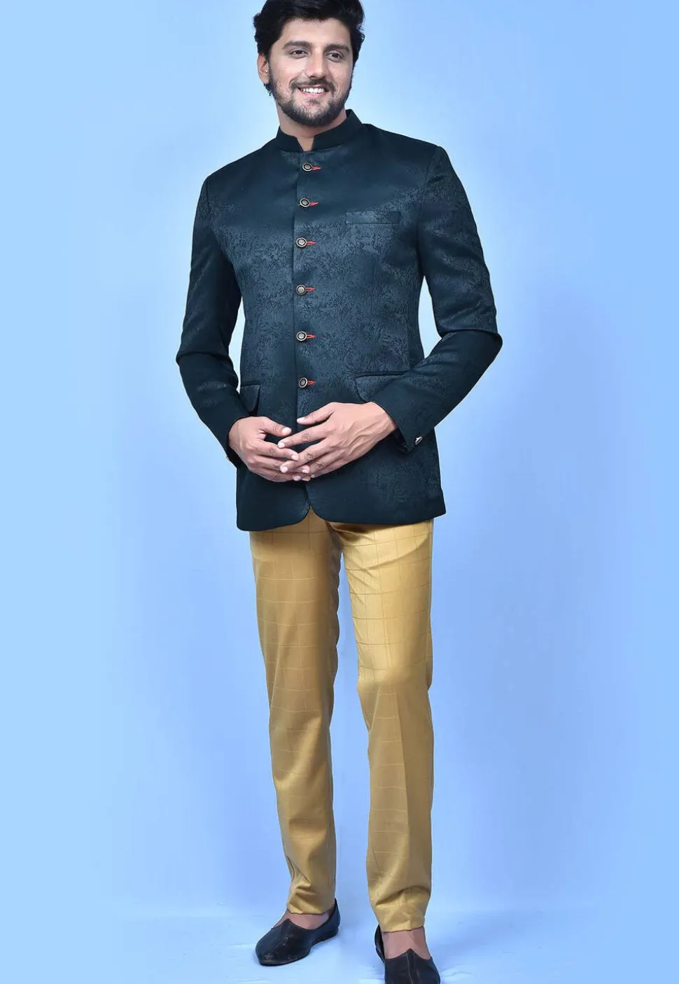 Woven Art Silk Jacquard Jodhpuri Suit in Navy Blue
