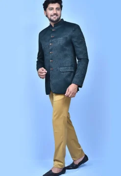 Woven Art Silk Jacquard Jodhpuri Suit in Navy Blue