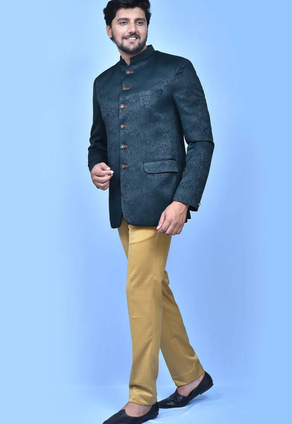 Woven Art Silk Jacquard Jodhpuri Suit in Navy Blue