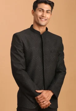Woven Art Silk Jacquard Jodhpuri Jacket in Black