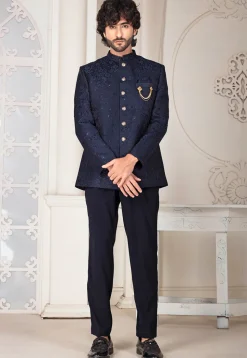 Woven Art Silk Jacquard Jodhpuri Suit in Navy Blue
