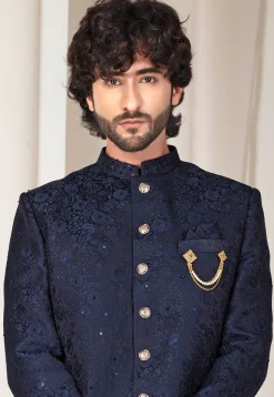 Woven Art Silk Jacquard Jodhpuri Suit in Navy Blue