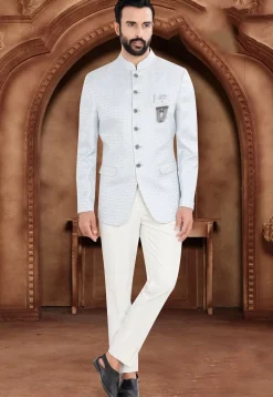 Woven Art Silk Jacquard Jodhpuri Suit in Light Blue