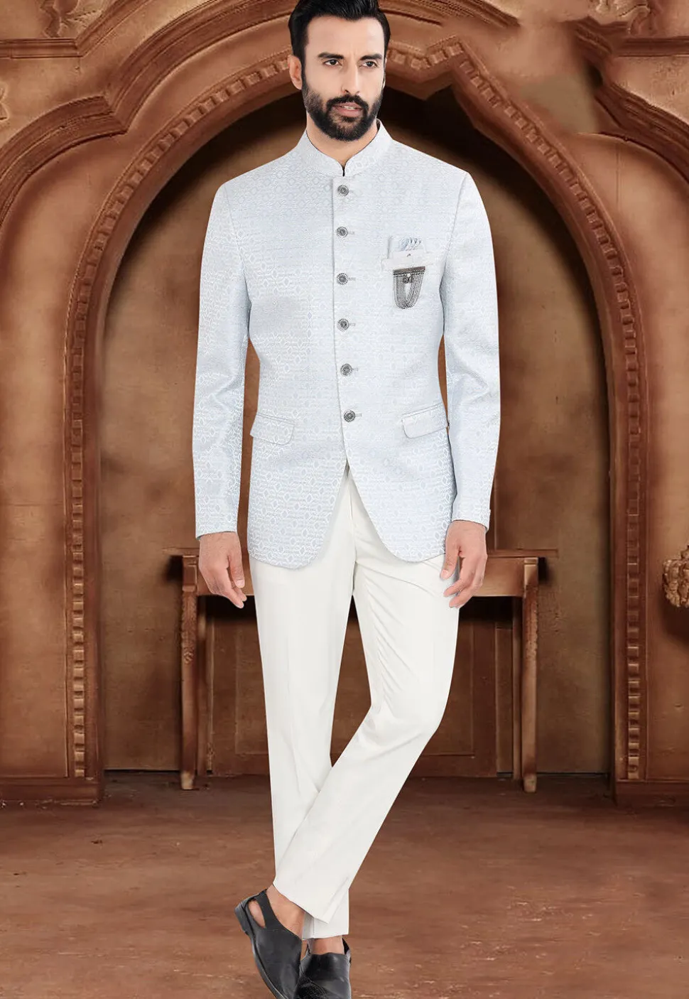 Woven Art Silk Jacquard Jodhpuri Suit in Light Blue