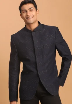 Woven Art Silk Jacquard Jodhpuri Jacket in Navy Blue