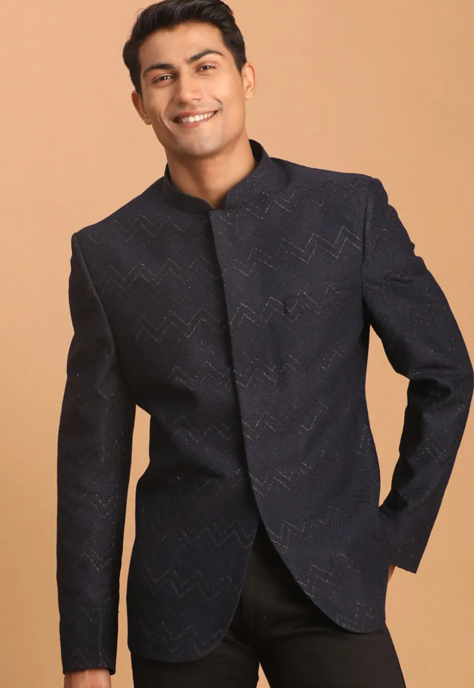 Woven Art Silk Jacquard Jodhpuri Jacket in Navy Blue