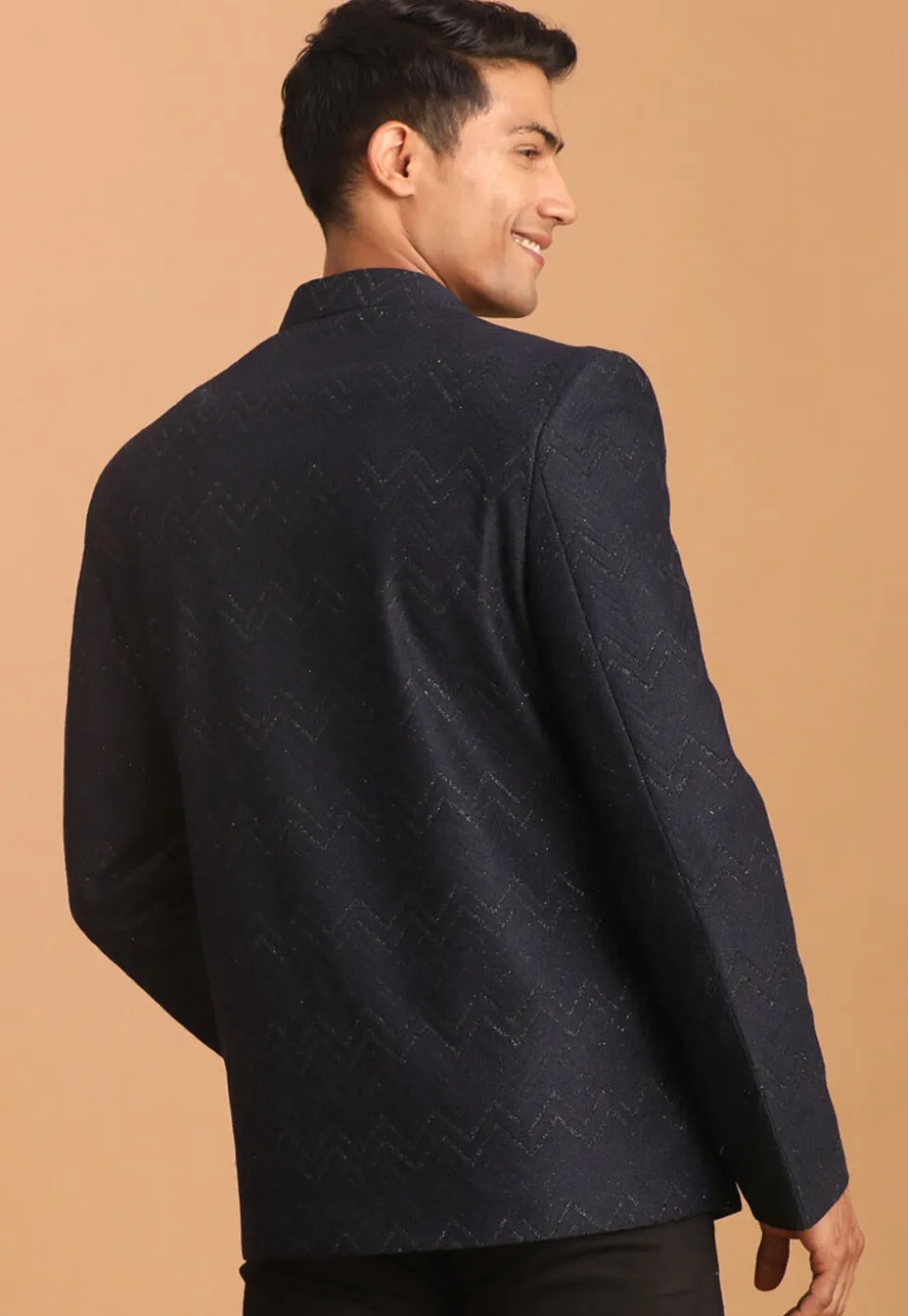 Woven Art Silk Jacquard Jodhpuri Jacket in Navy Blue