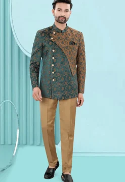 Woven Art Silk Jacquard Jodhpuri Suit in Teal Green and Brown