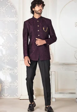 Woven Art Silk Jacquard Jodhpuri Suit in Wine