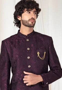 Woven Art Silk Jacquard Jodhpuri Suit in Wine