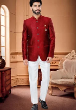 Woven Art Silk Jacquard Jodhpuri Suit in Red
