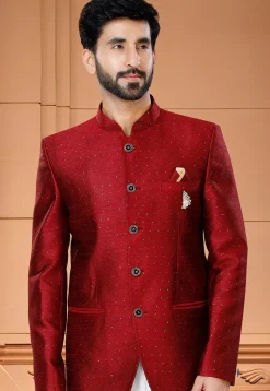 Woven Art Silk Jacquard Jodhpuri Suit in Red