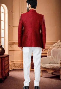 Woven Art Silk Jacquard Jodhpuri Suit in Red