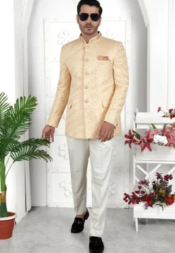 Woven Art Silk Jacquard Jodhpuri Jacket in Beige