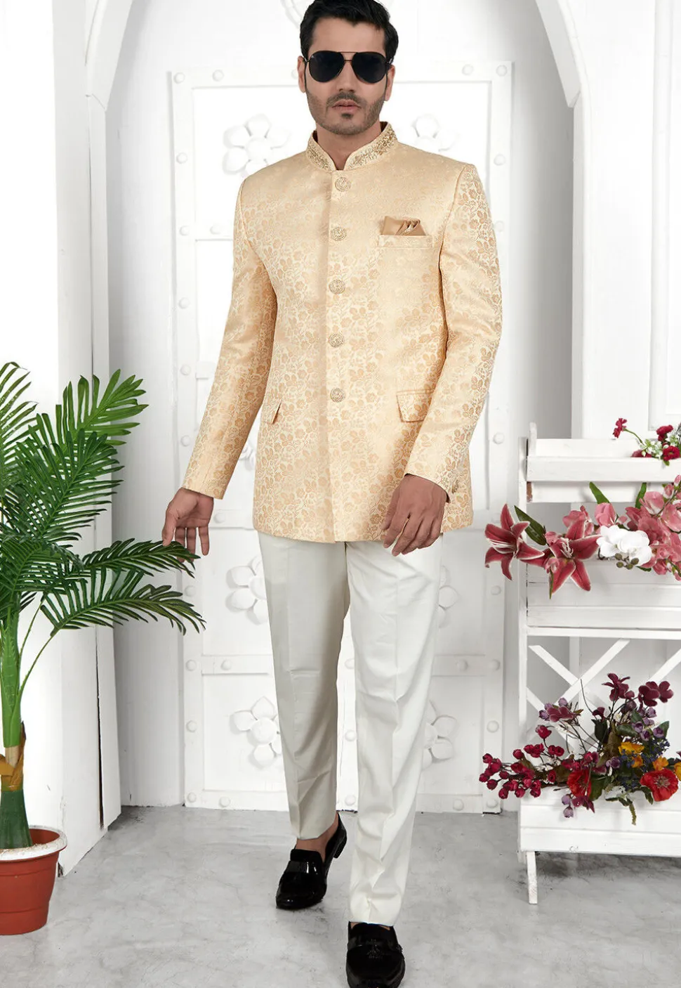 Woven Art Silk Jacquard Jodhpuri Jacket in Beige