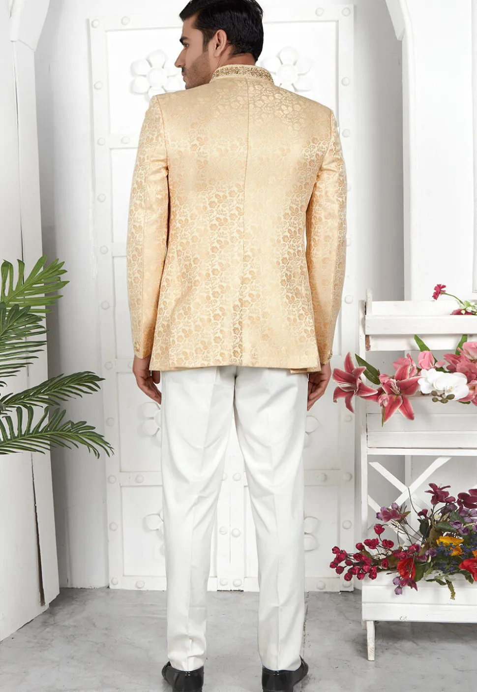 Woven Art Silk Jacquard Jodhpuri Jacket in Beige