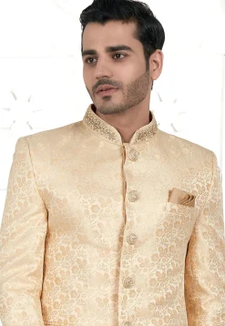 Woven Art Silk Jacquard Jodhpuri Jacket in Beige