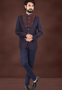 Woven Art Silk Jacquard Jodhpuri Suit in Navy Blue