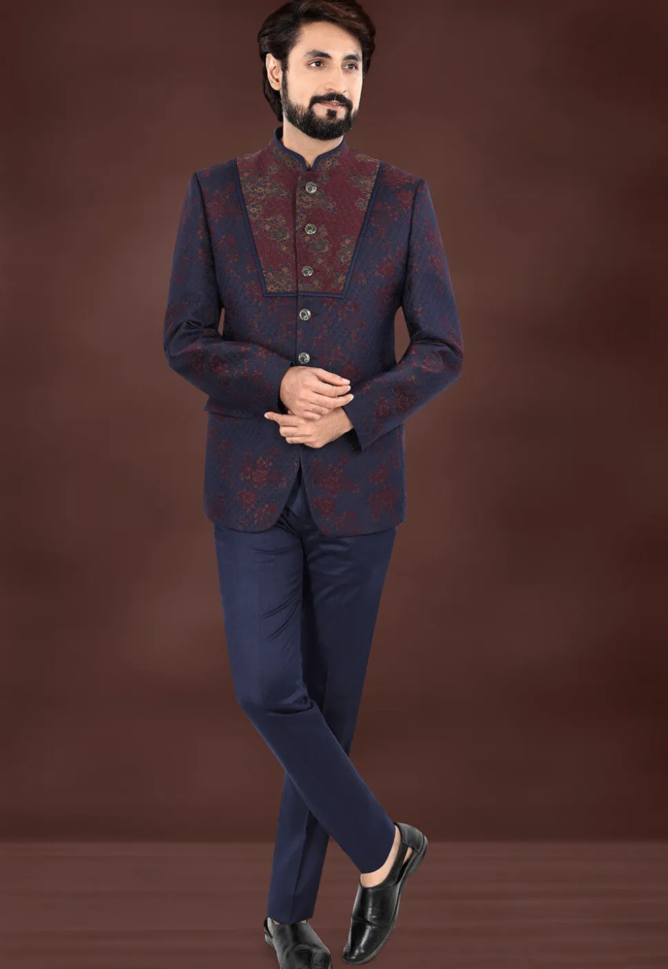Woven Art Silk Jacquard Jodhpuri Suit in Navy Blue