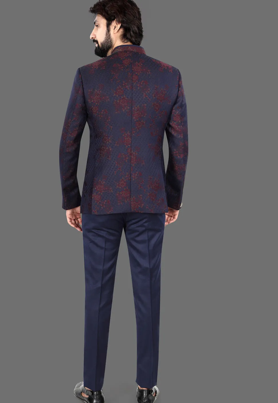 Woven Art Silk Jacquard Jodhpuri Suit in Navy Blue