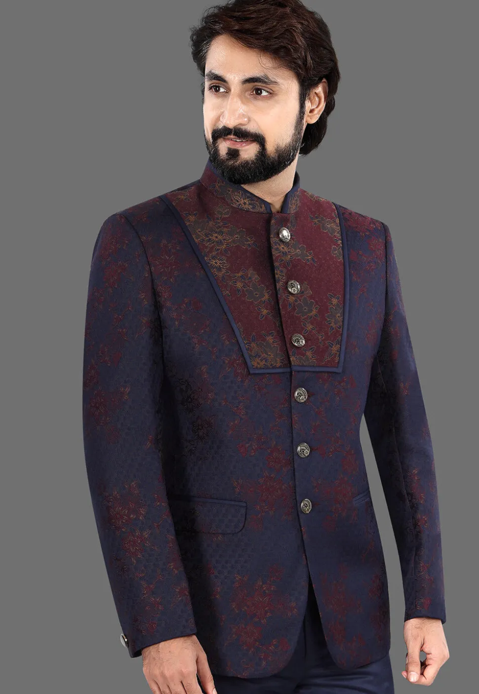 Woven Art Silk Jacquard Jodhpuri Suit in Navy Blue