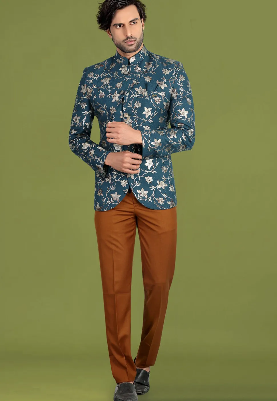 Woven Art Silk Jacquard Jodhpuri Suit in Teal Blue