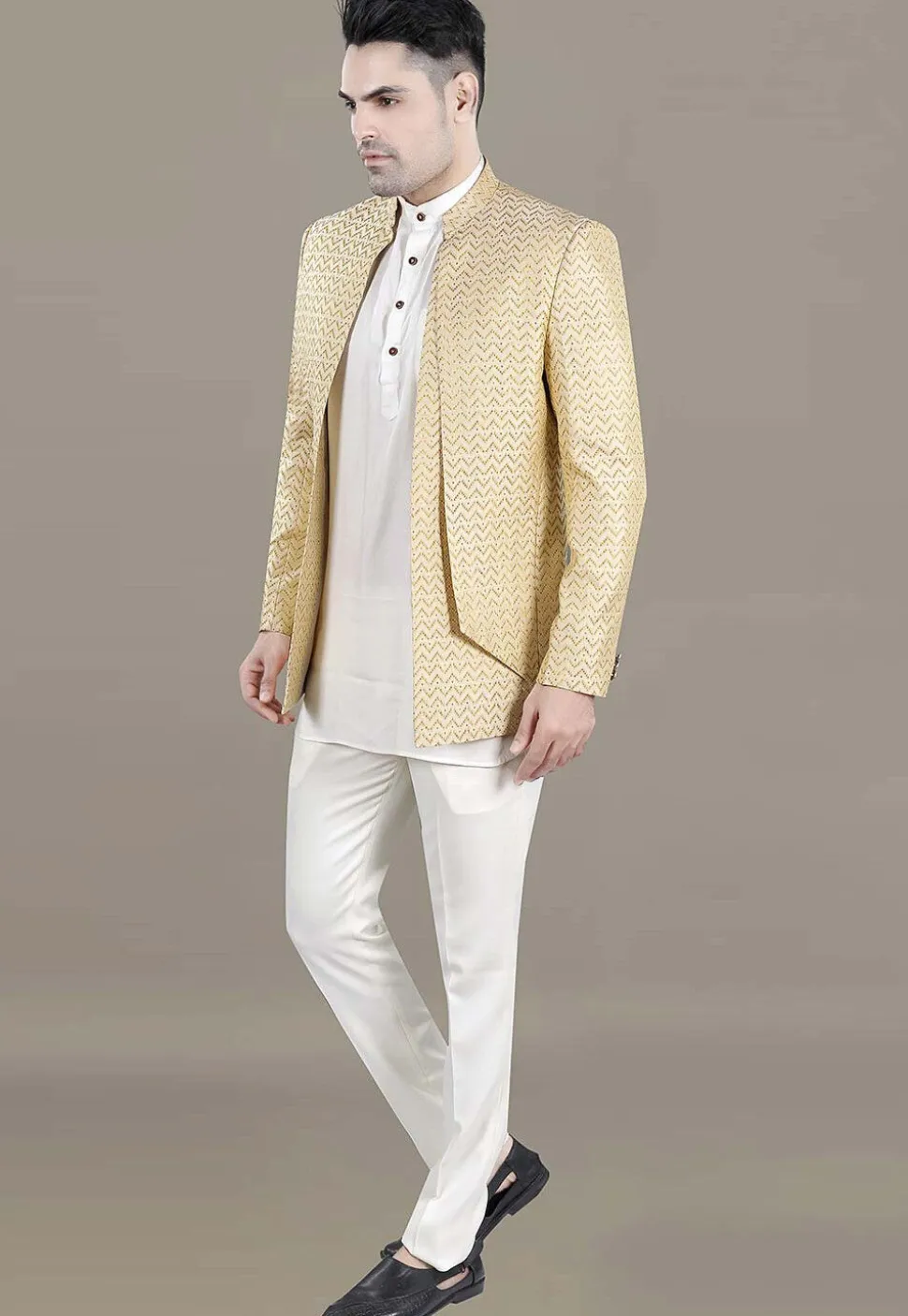 Woven Art Silk Jacquard Jodhpuri Suit in Light Beige