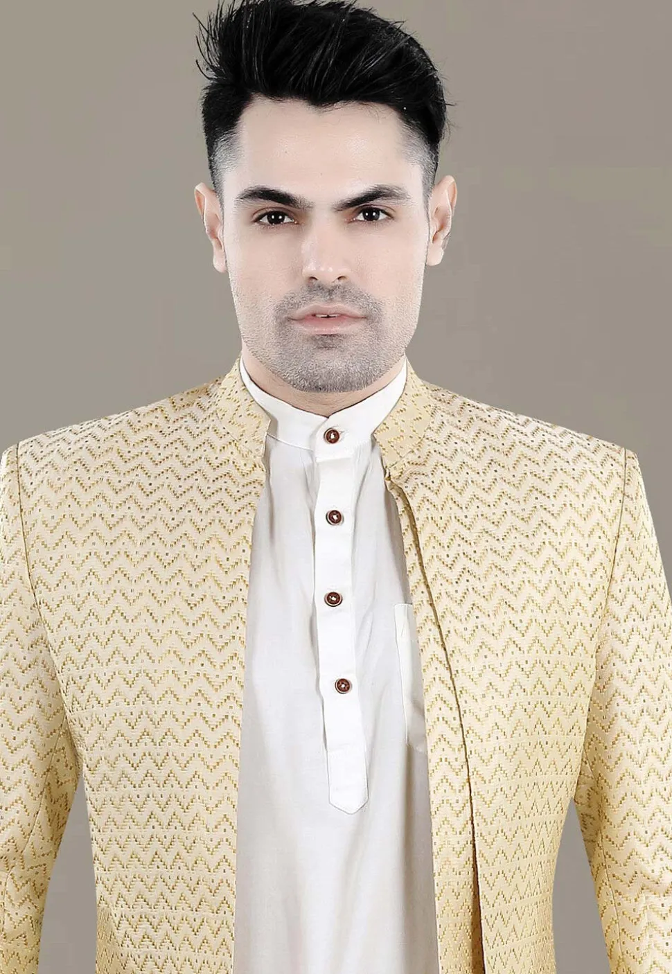 Woven Art Silk Jacquard Jodhpuri Suit in Light Beige