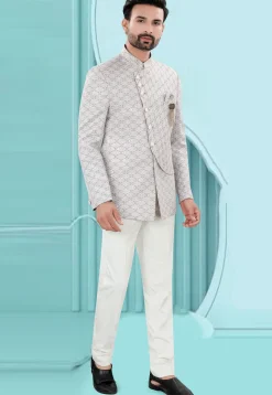 Woven Art Silk Jacquard Jodhpuri Suit in Light Grey