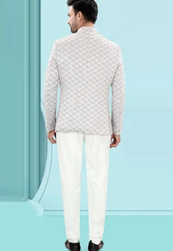 Woven Art Silk Jacquard Jodhpuri Suit in Light Grey