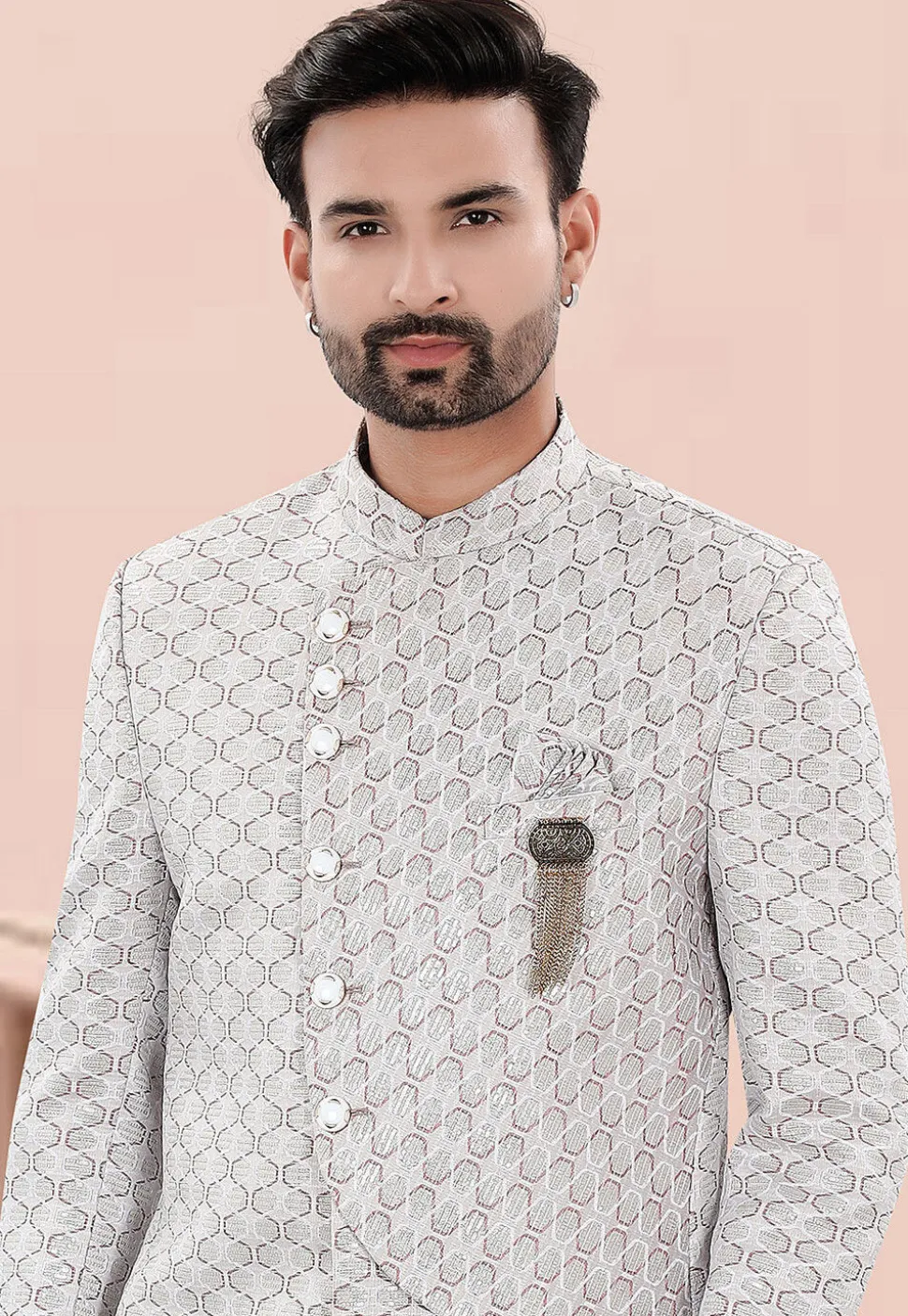 Woven Art Silk Jacquard Jodhpuri Suit in Light Grey